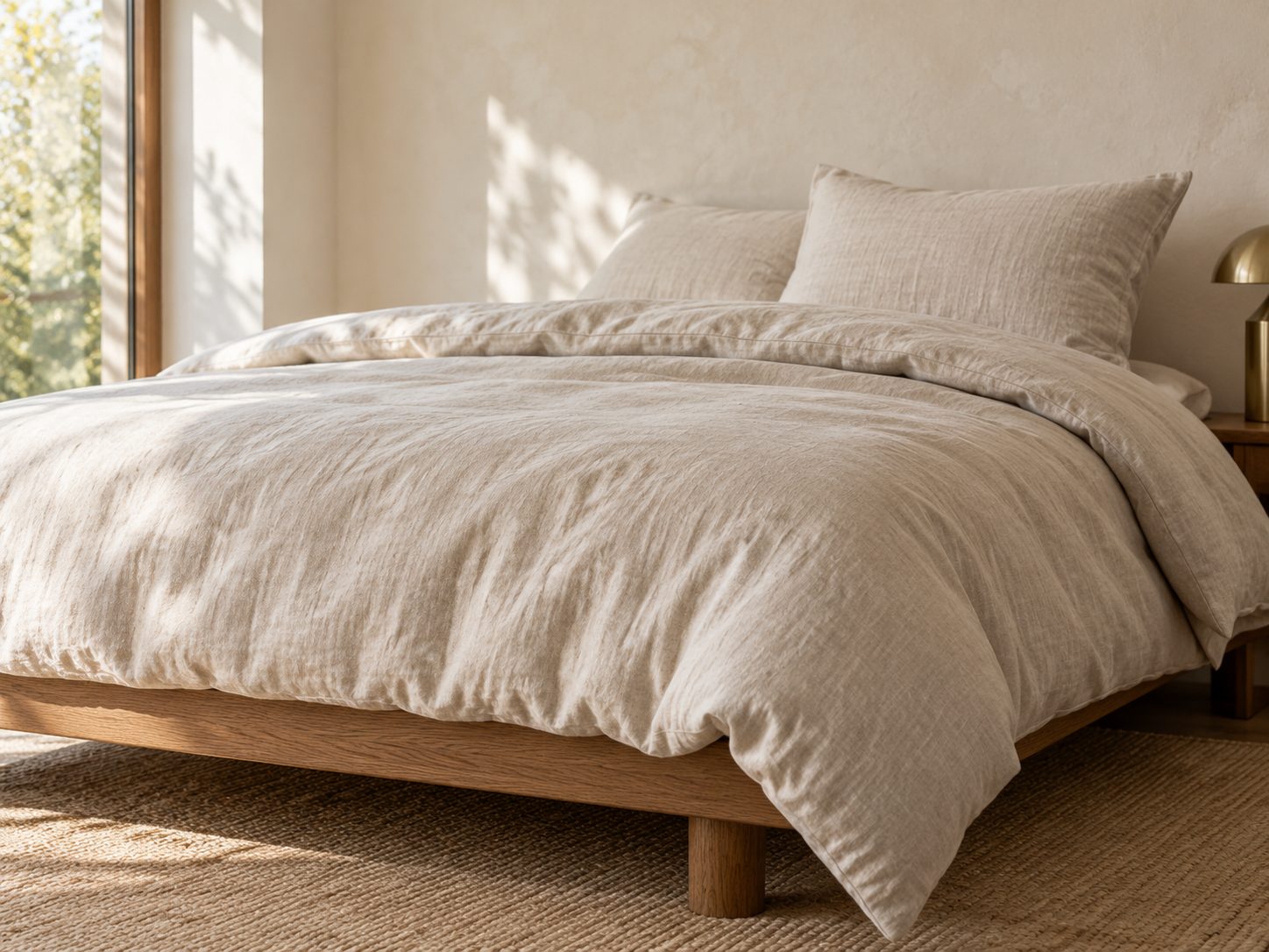 Ropa de cama de lino sobre una cama de roble