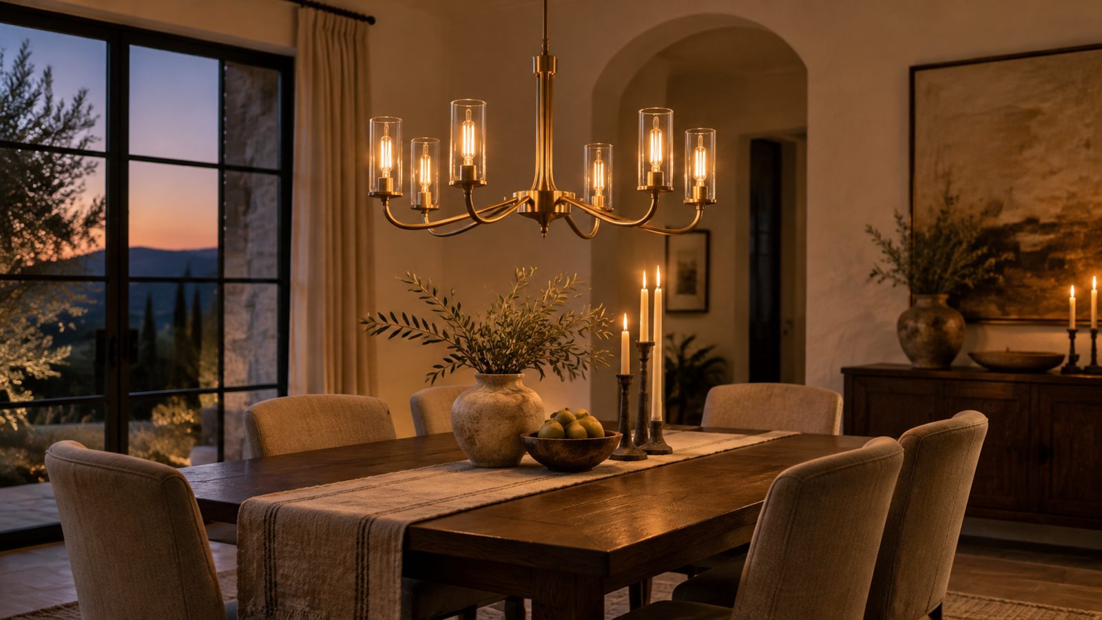Candelabro de latón sobre una mesa de roble al anochecer