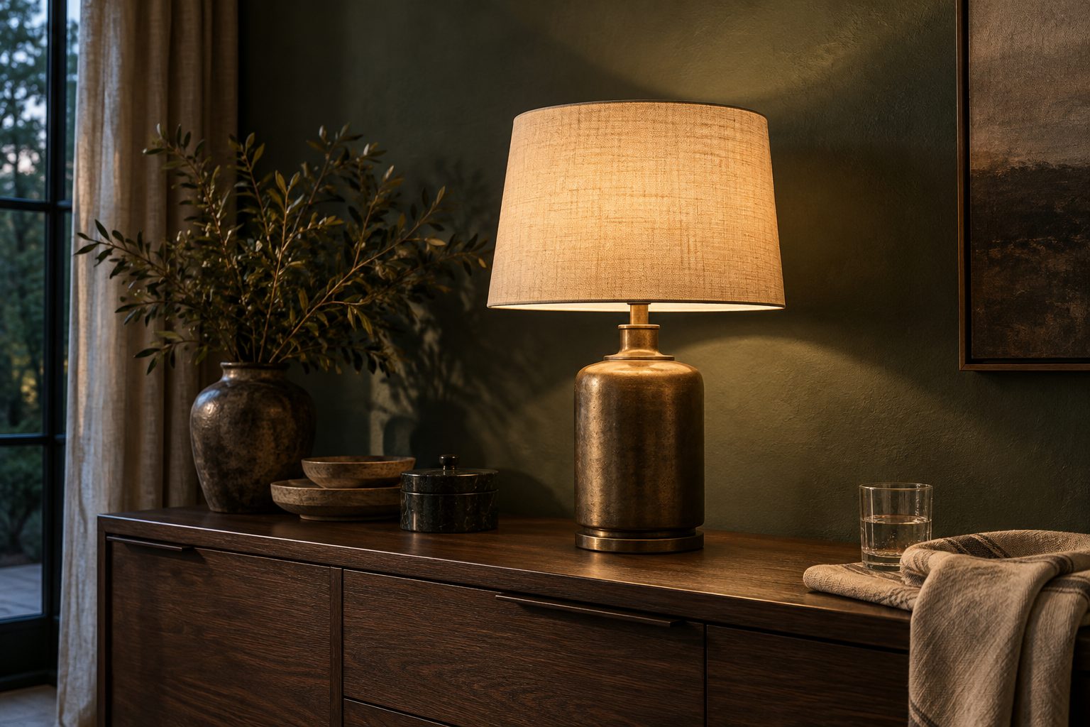 Lampe en laiton sur une console en chêne
