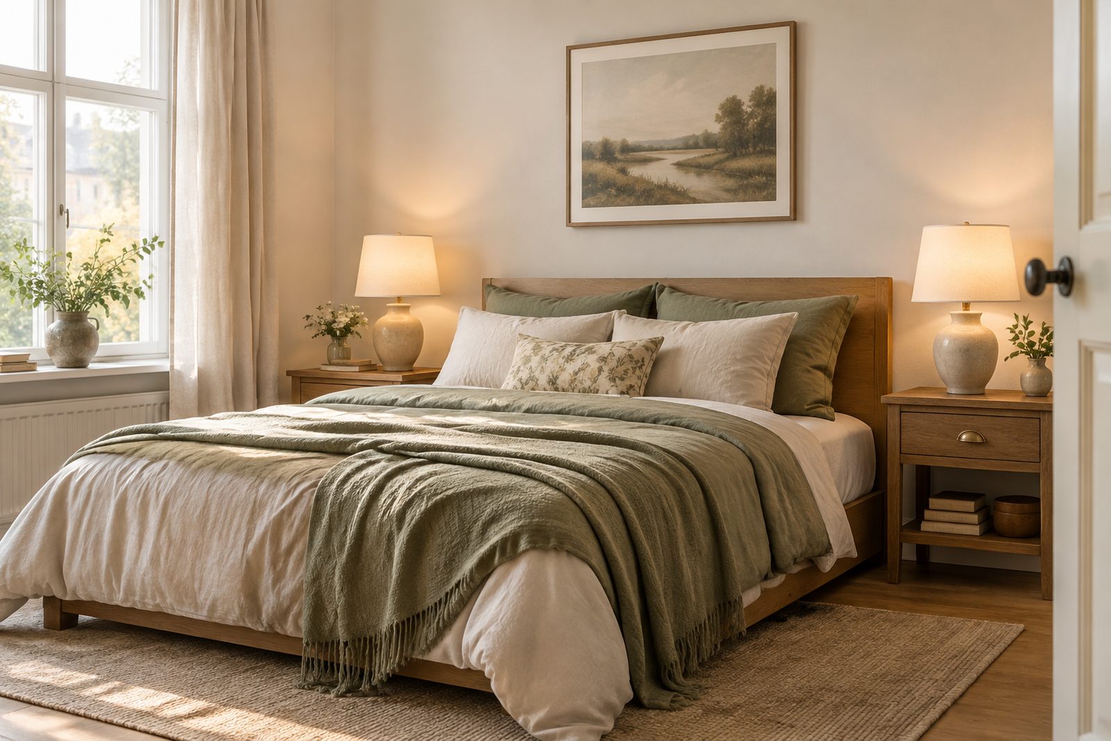Oak bed with linen bedding and ceramic table lamps