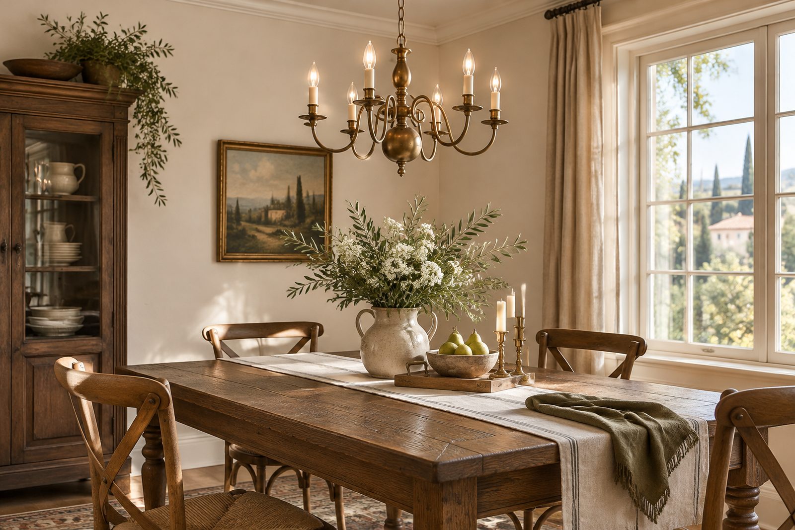 Brass chandelier over an oak dining table in daylight