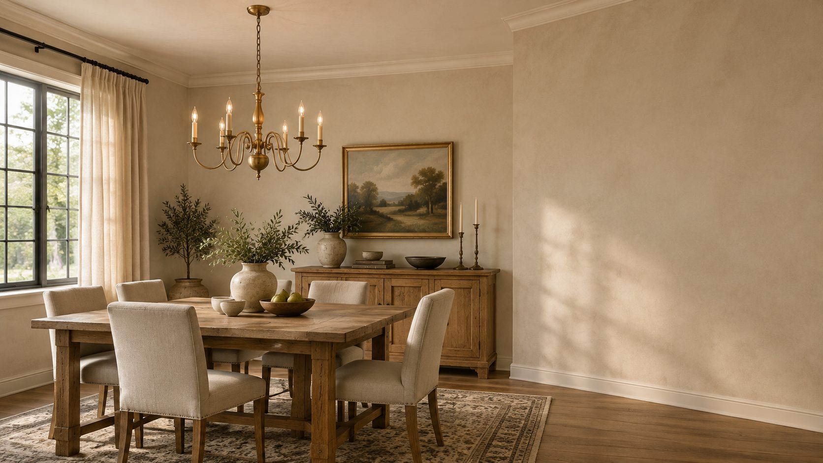 Un candelabro de latón completo sobre una mesa de comedor con luz diurna cálidaslider_item_1