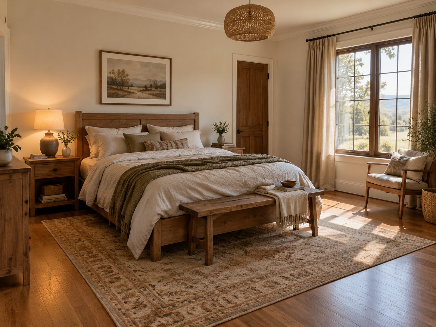 Un dormitorio amplio con ropa de cama, una lámpara, muebles y objetos decorativos