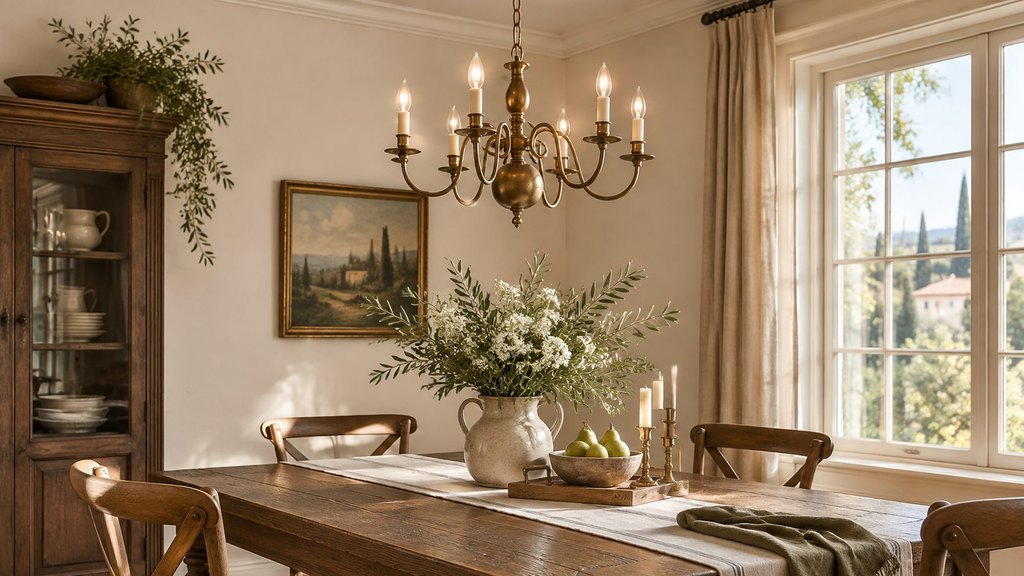 Comedor con l&aacute;mpara de ara&ntilde;a, muebles y decoraci&oacute;n