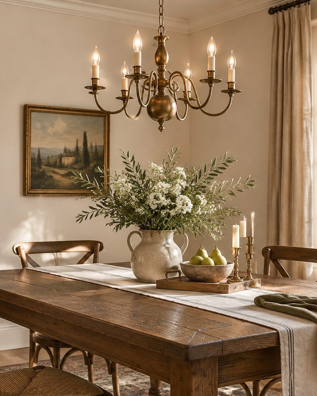 Comedor con l&aacute;mpara de ara&ntilde;a, muebles y decoraci&oacute;n