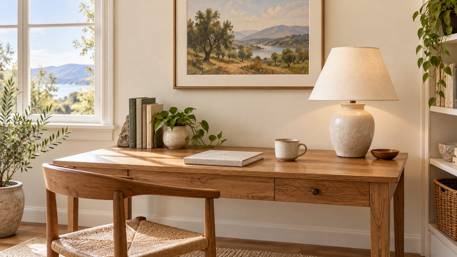 Bureau en chêne à la lumière du jour avec lampe en céramique, carnet et chaise